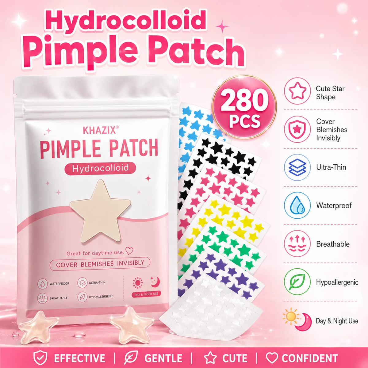 Star-shaped acne patches in various sizes, gentle and non-irritating, effectively conceal pores—perfect as a gift, 280/40 pcs